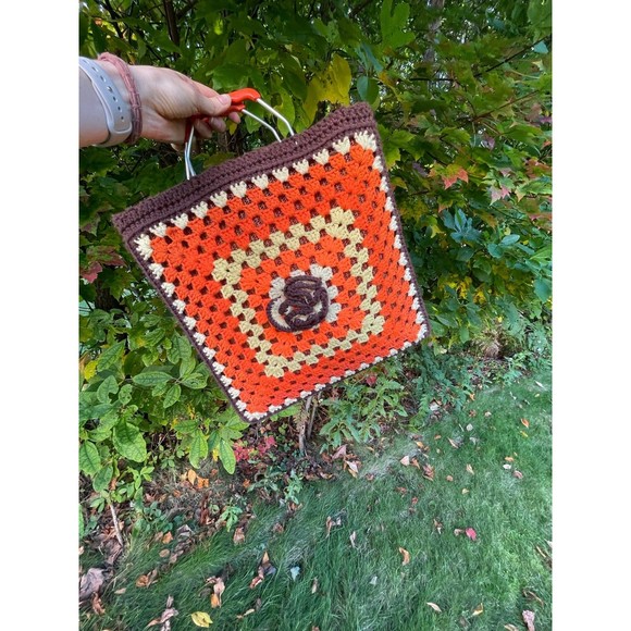 Vintage Large 15” Crochet Brown and Orange Bag - Picture 8 of 8